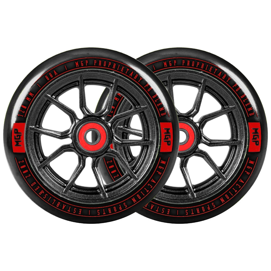 Pair of 120mm Syndicate AR wheels, matte black rims with red hub accents and MGP badge