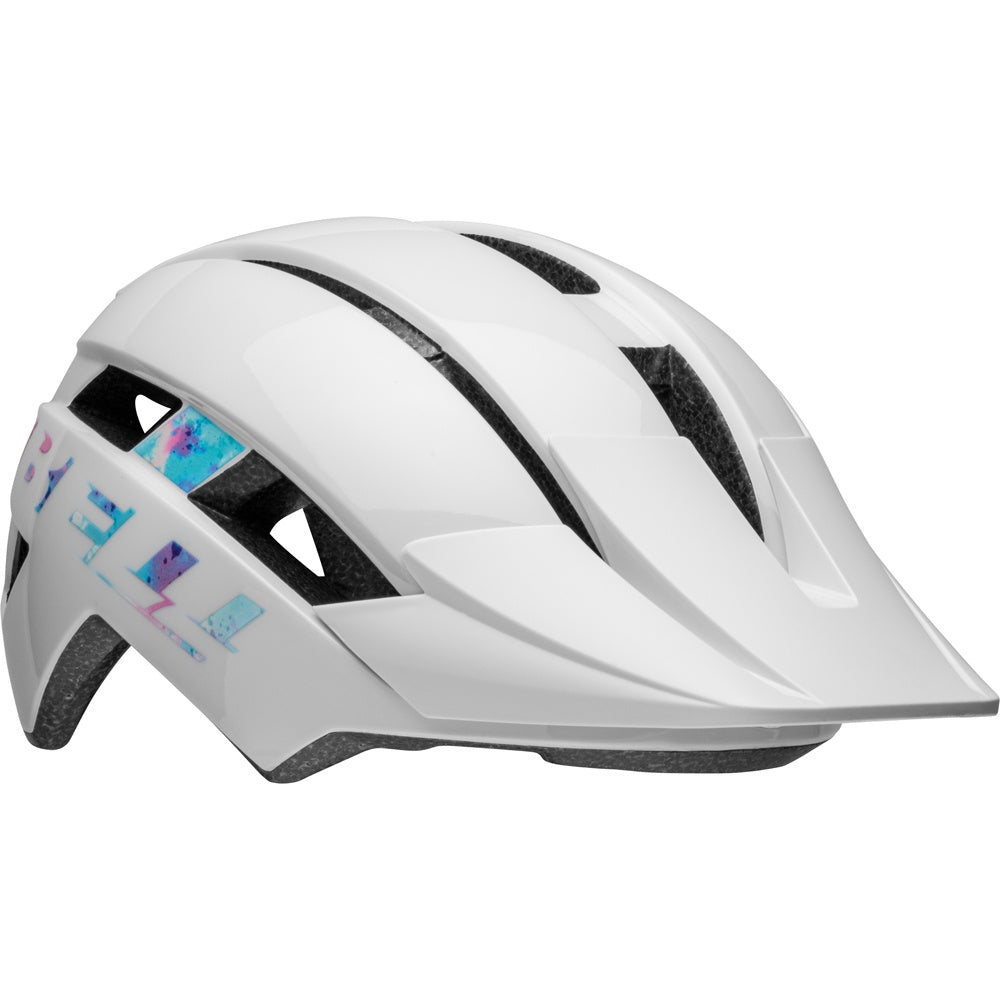 Youth bicycle helmet, glossy white with black vents and side graphic