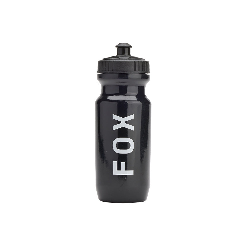 FOX BASE black water bottle with screw-top lid, printed FOX lettering