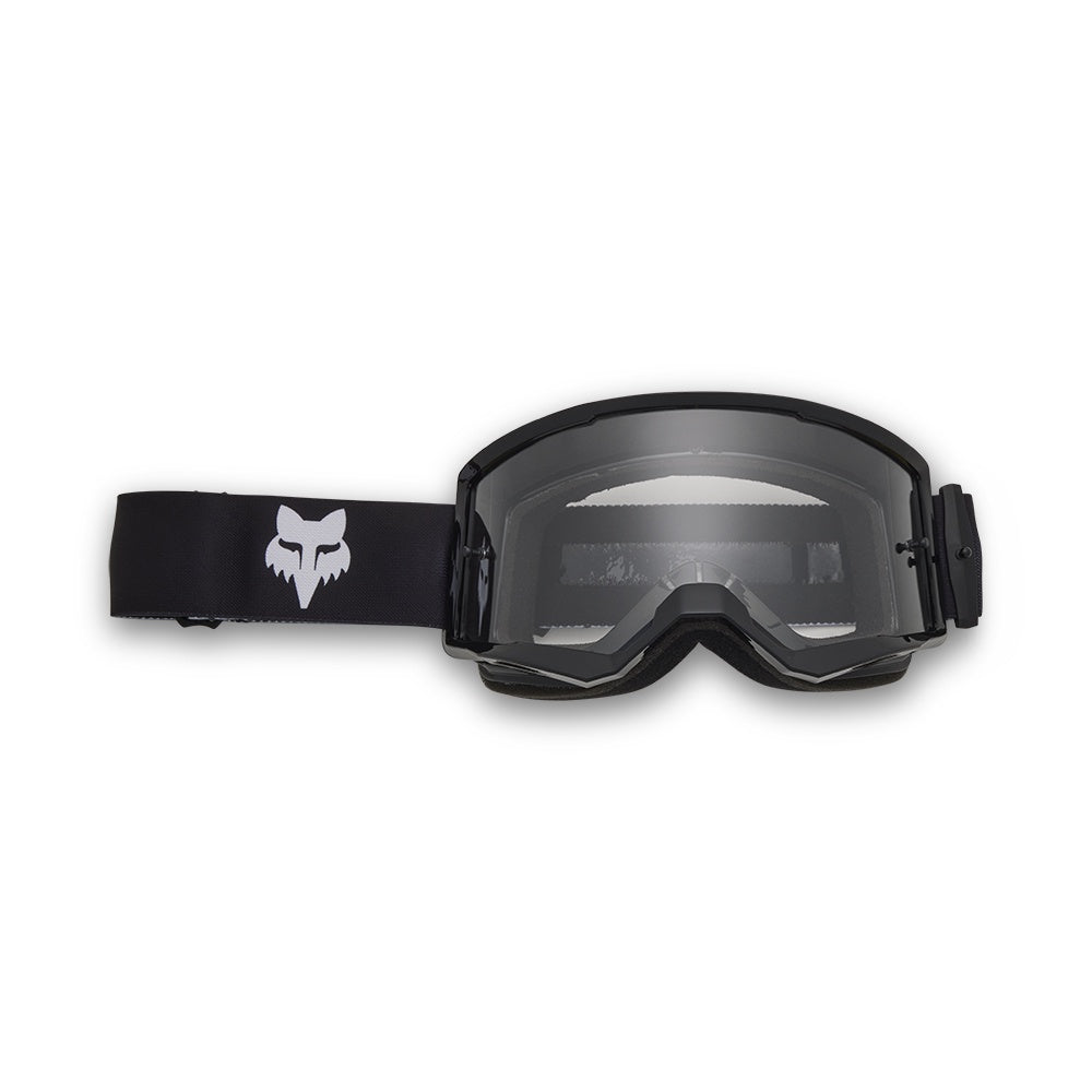 Black motocross goggles with clear lens and logo strap