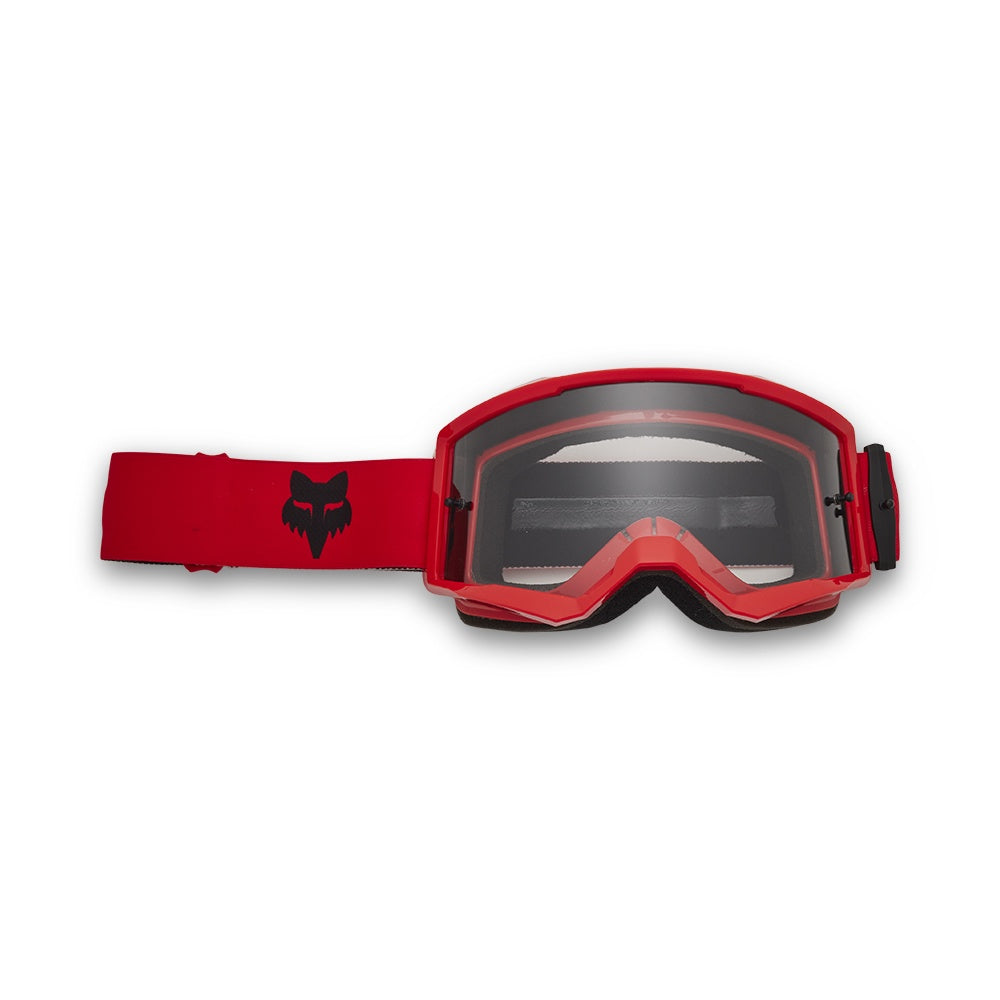 Red motocross goggles with black strap and fox logo, dark lens