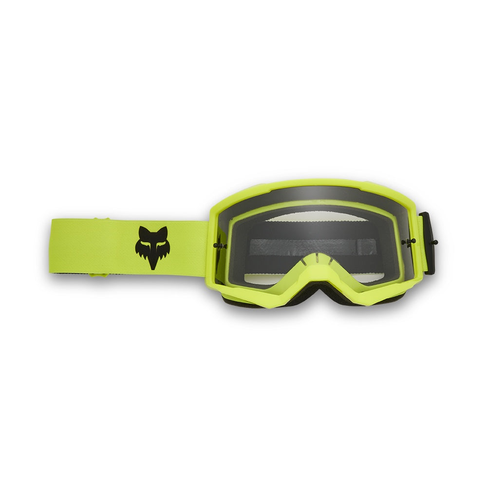 FOX Main Core goggles in neon yellow with black fox logo on strap