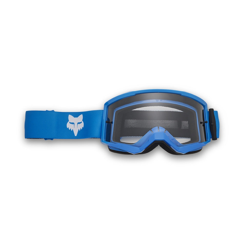 Blue ski goggles with dark frame, mirrored lens, and elastic strap with FOX logo