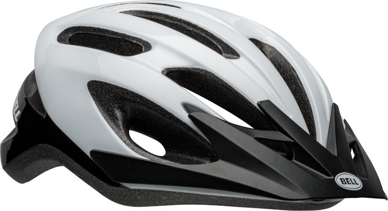 Bicycle helmet with white shell and black vents, Bell logo on side