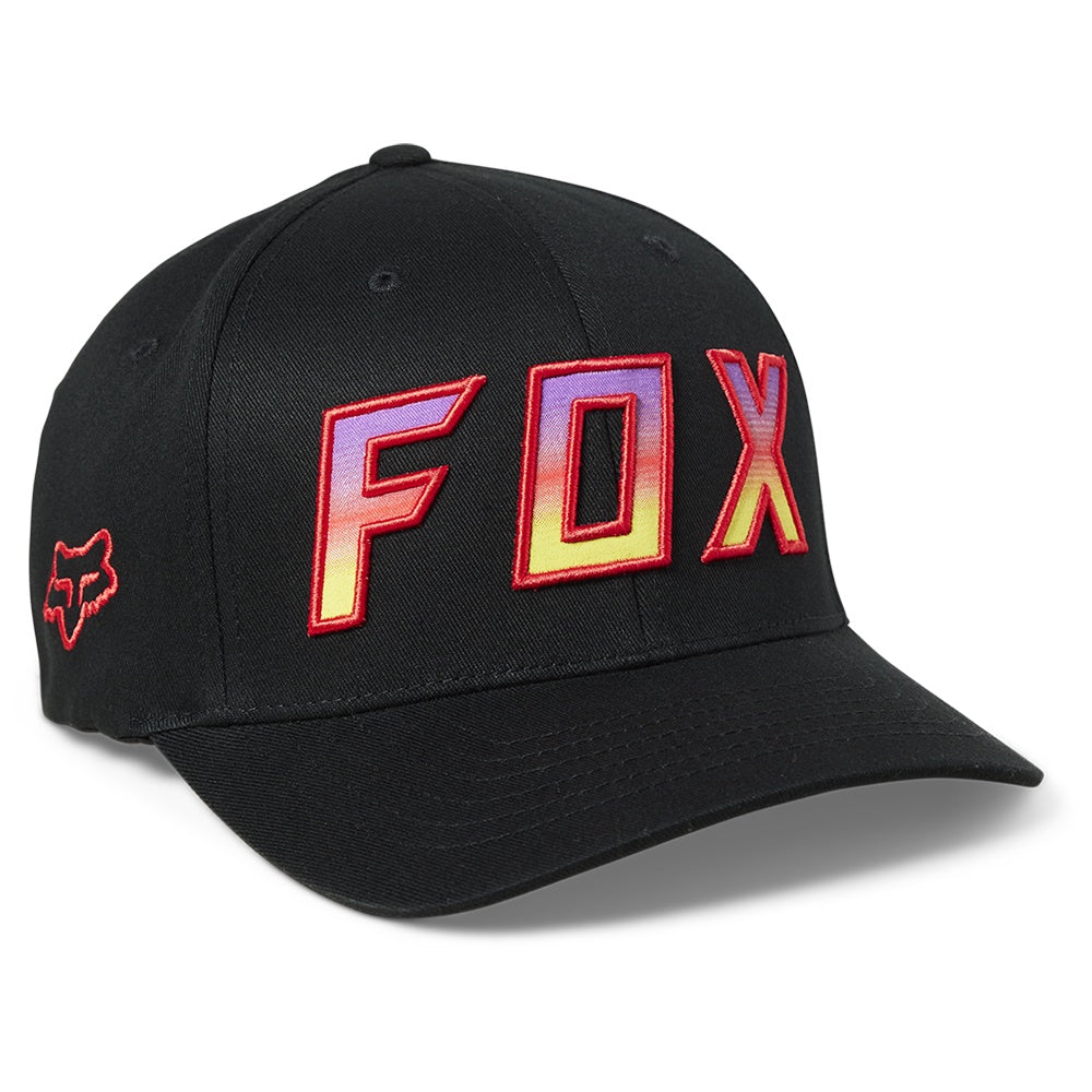 Black baseball cap with FOX logo patch in red and white embroidery