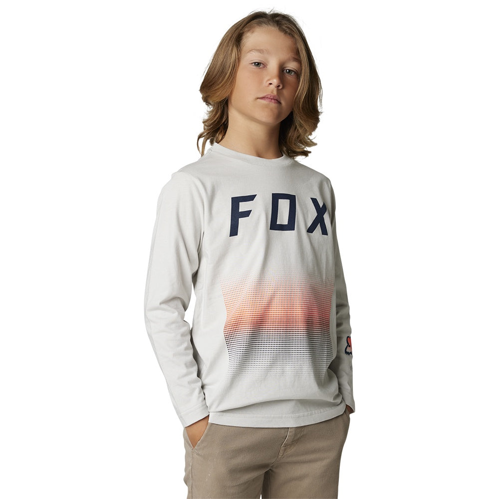 Youth long-sleeve T-shirt in light grey with large FOX logo on chest