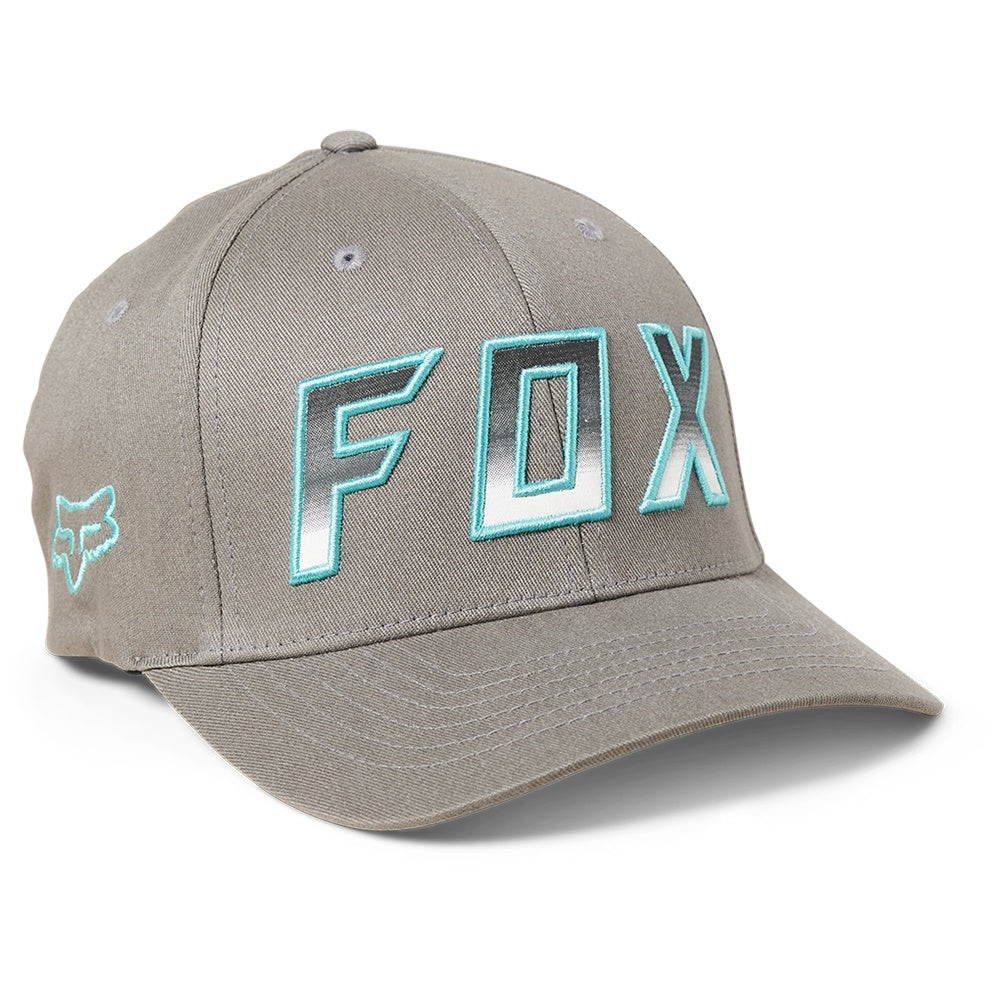 Flexfit hat in pewter gray with teal FOX F O X front logo and small fox emblem