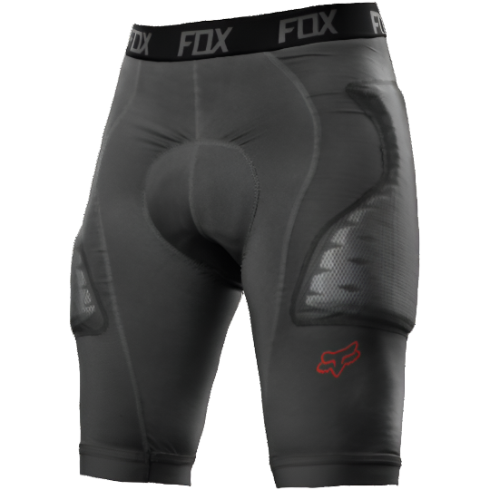 FOX race shorts in charcoal with branded waistband and knee padding panels
