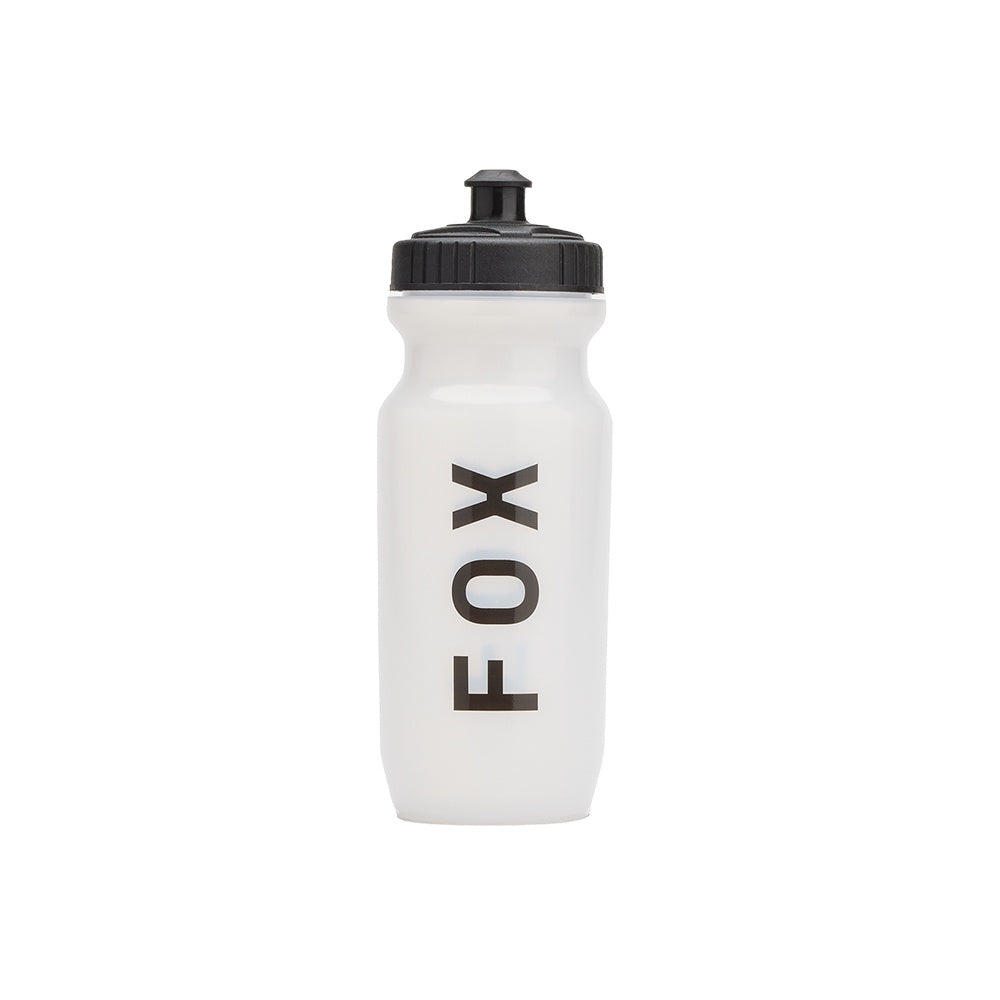 Translucent water bottle with black screw cap, FOX logo on front