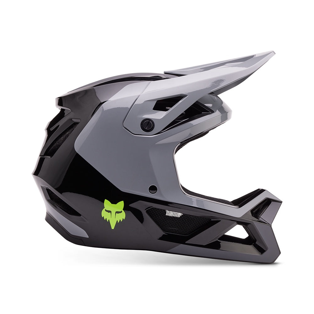 Cool grey motocross helmet with green FOX emblem and front vents