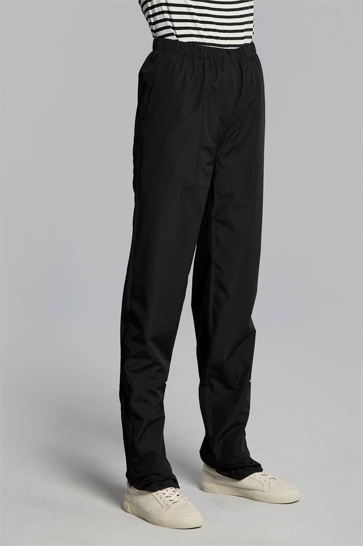 Unisex jet black bicycle rain pants with elastic waistband and straight legs