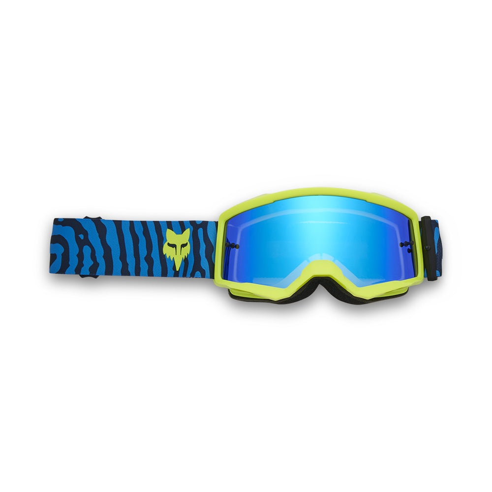 Youth ski goggles with patterned blue strap, yellow frame, and blue mirrored lens
