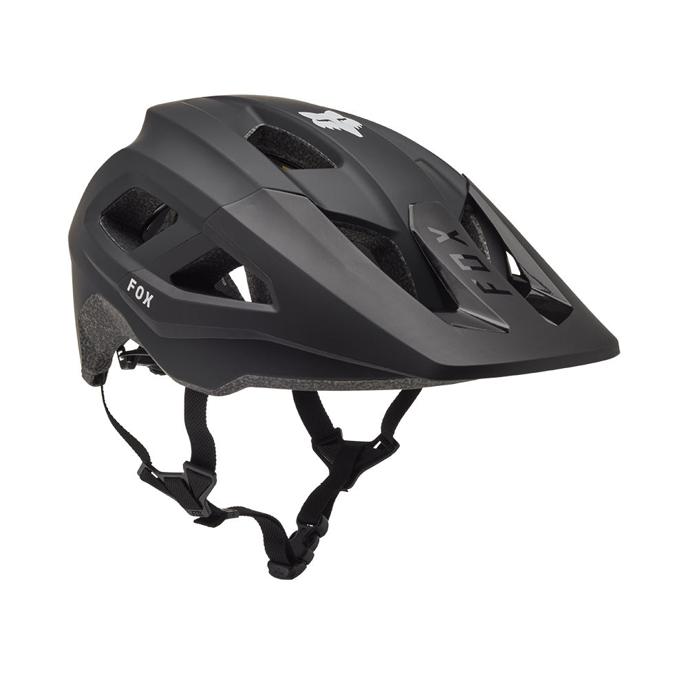FOX Mainframe bike helmet with MIPS, black, vented shell and chin straps