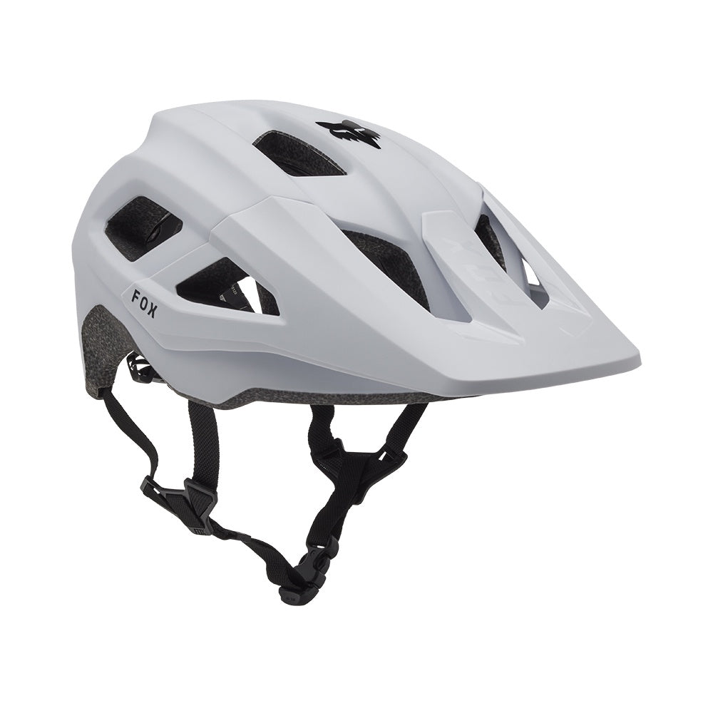 FOX mainframe bike helmet with MIPS, white shell and black vents, adjustable chin straps