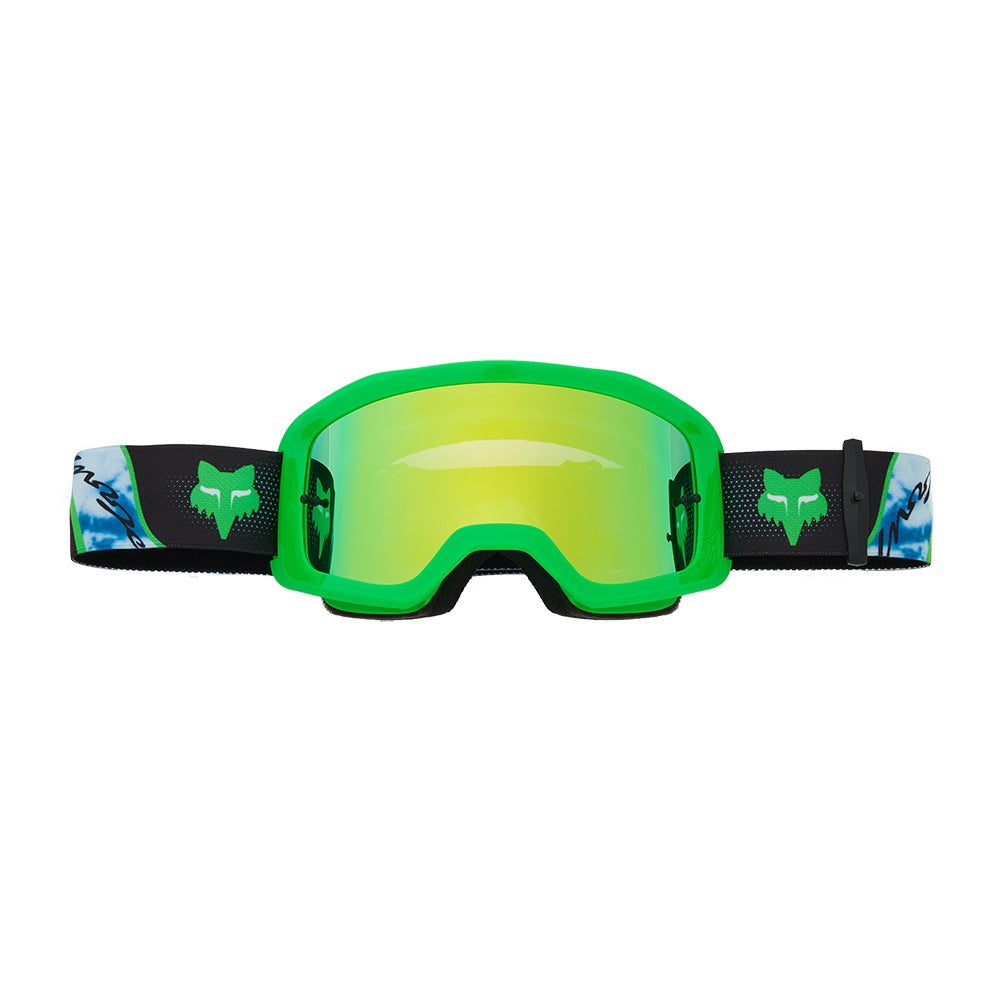 Ski goggles with green frame, yellow reflective lens, and black strap with green fox logo