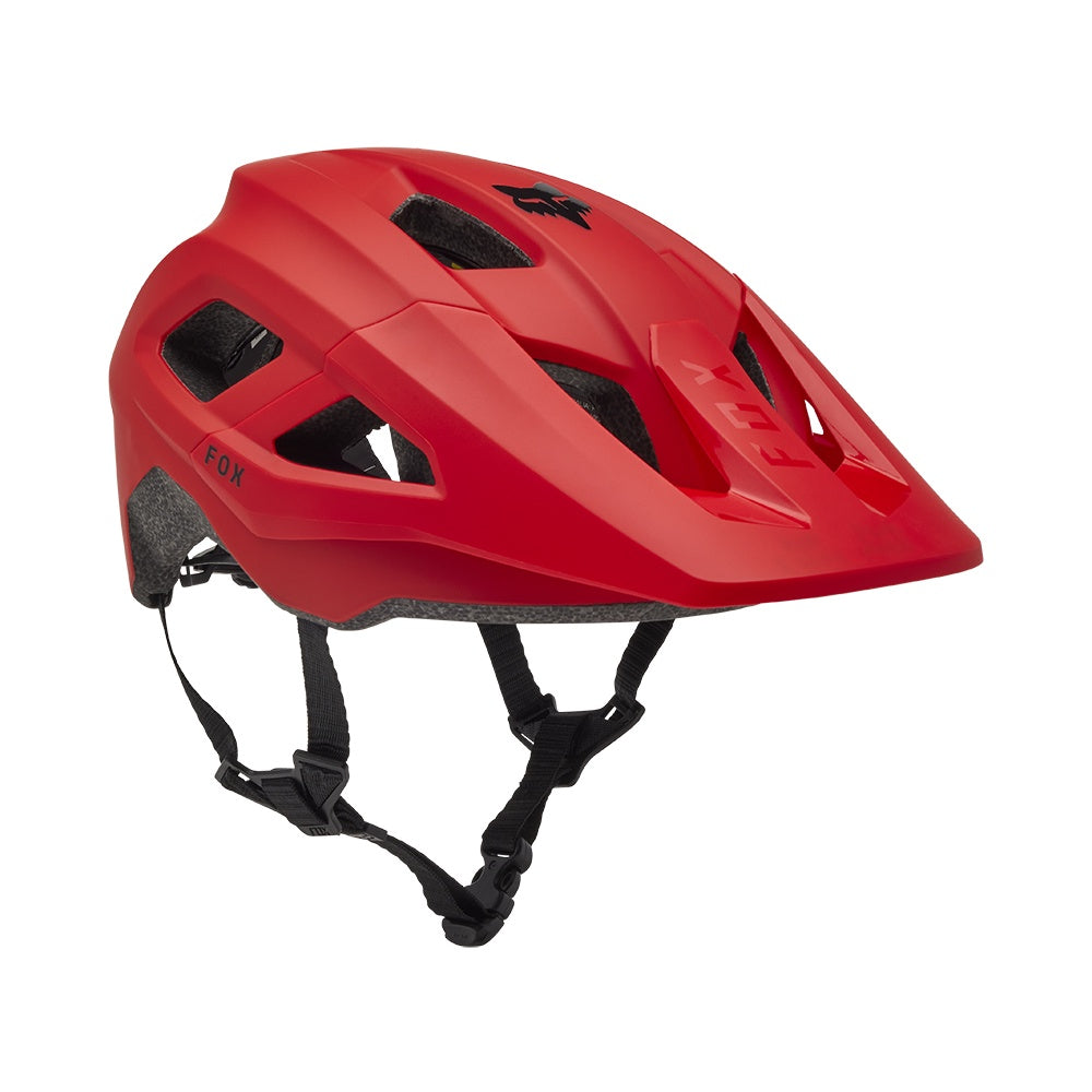 FOX Mainframe bike helmet, red with vented shell and adjustable chin strap
