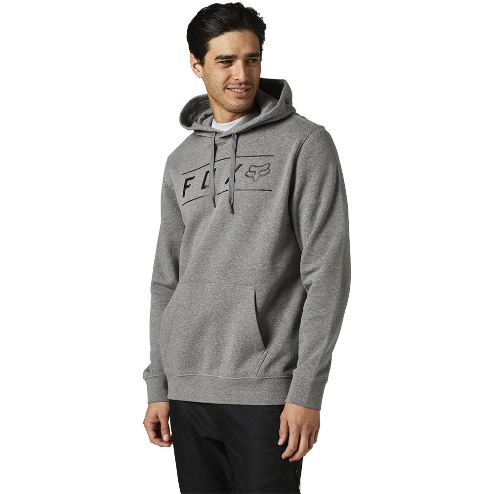 Men's heather gray fleece pullover hoodie with front logo and drawstring hood
