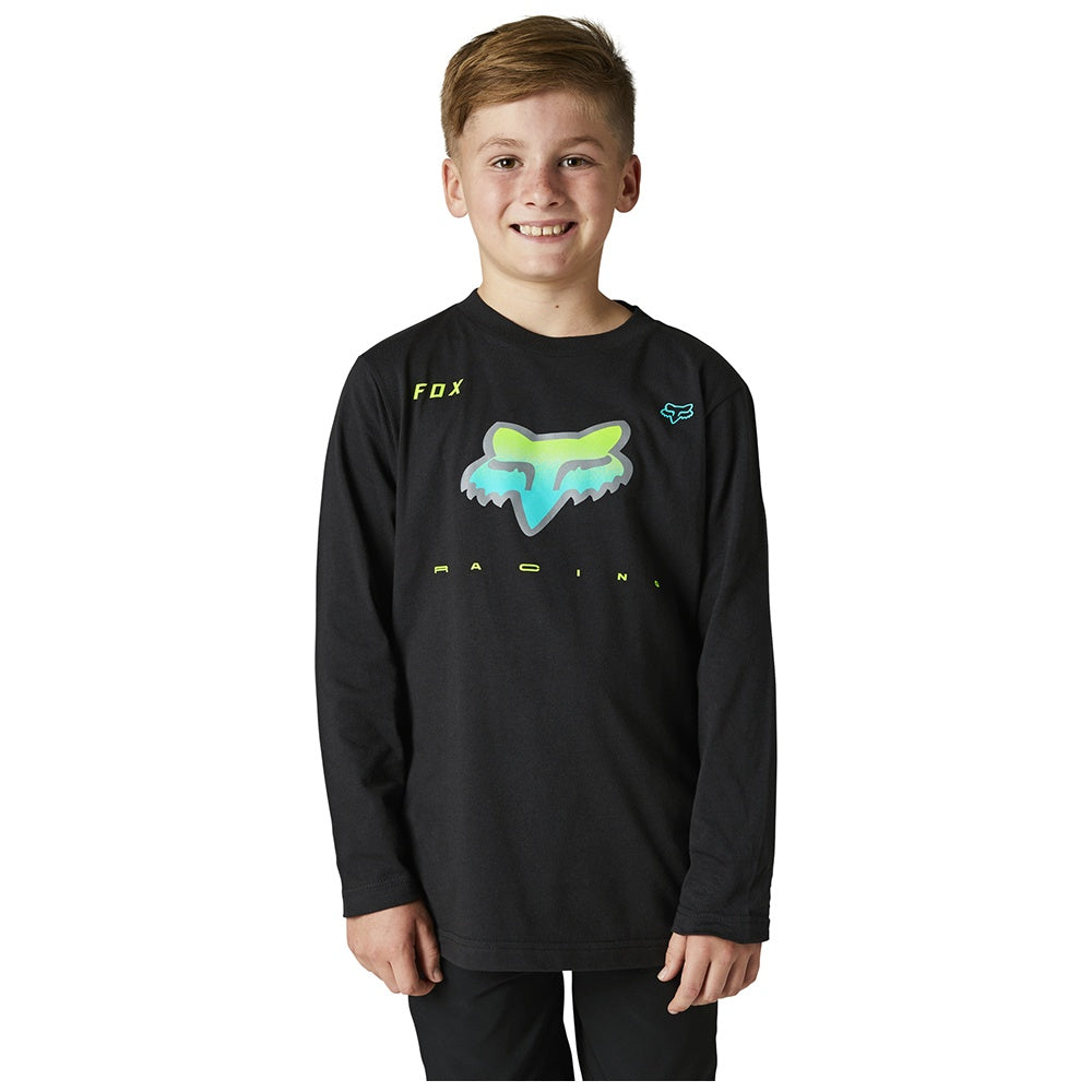 Youth long-sleeve black tee with colorful Fox logo graphic