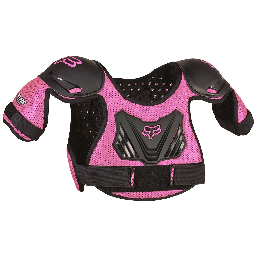 FOX Peewee Titan roost deflector, pink and black protective chest with shoulder pads