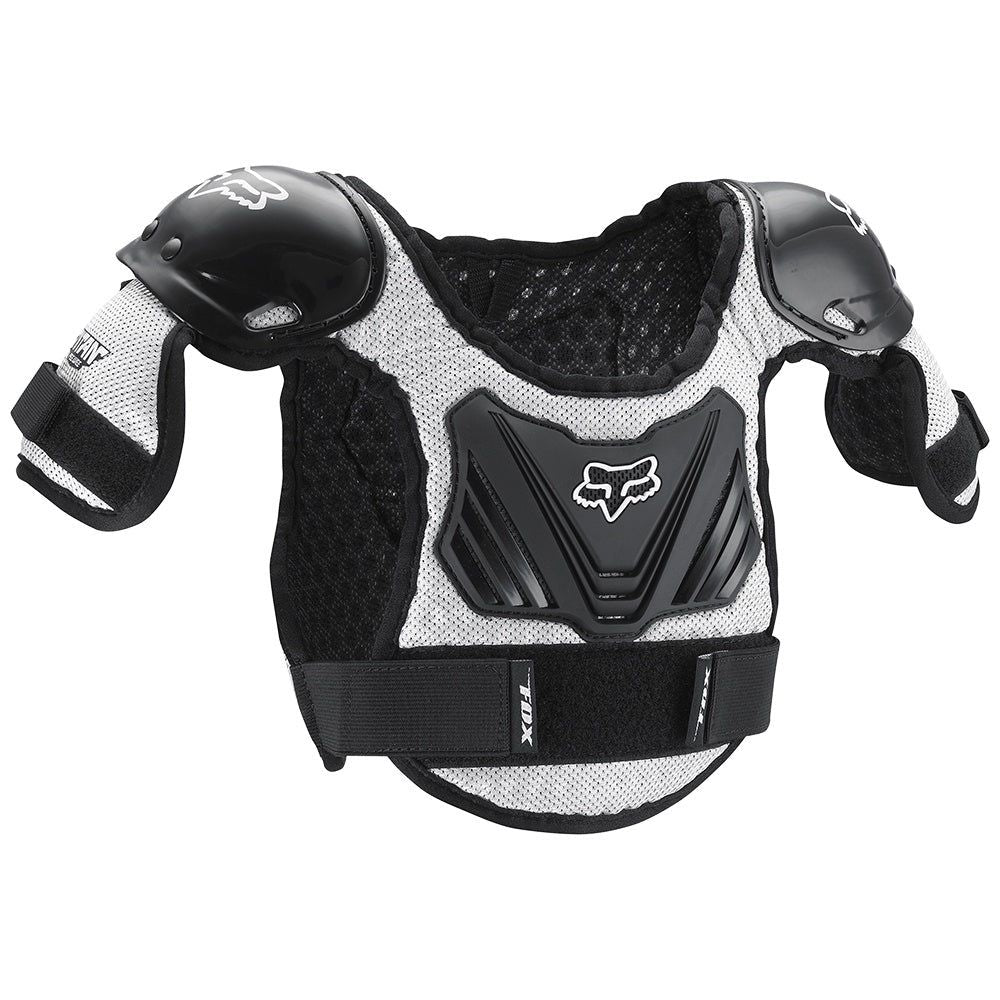 Kids motocross chest protector with black-and-white panels and Fox graphic, shoulder and side guards