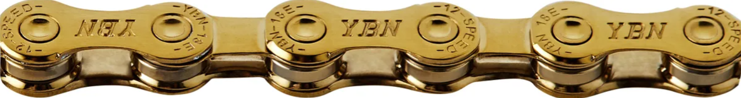 Gold bicycle chain with YBN branding and 12-speed style links
