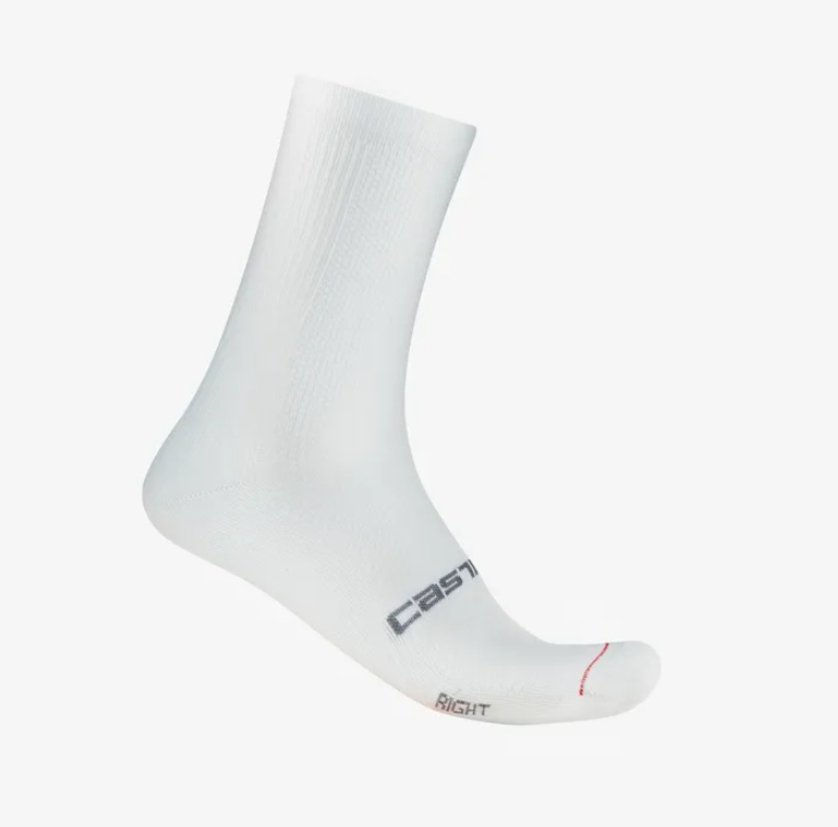 Castelli Espresso crew cycling socks in white with heel logo and red thread detail