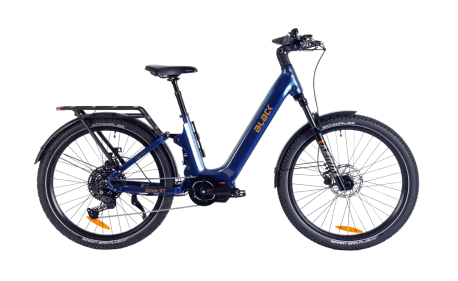 Blue electric bike with black wheels and front disc brake, upright frame