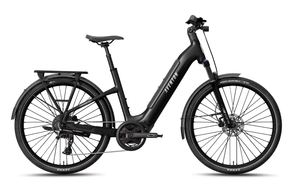 Aventon Trava ADV step-thru electric bike in anthracite black, front three-quarter view