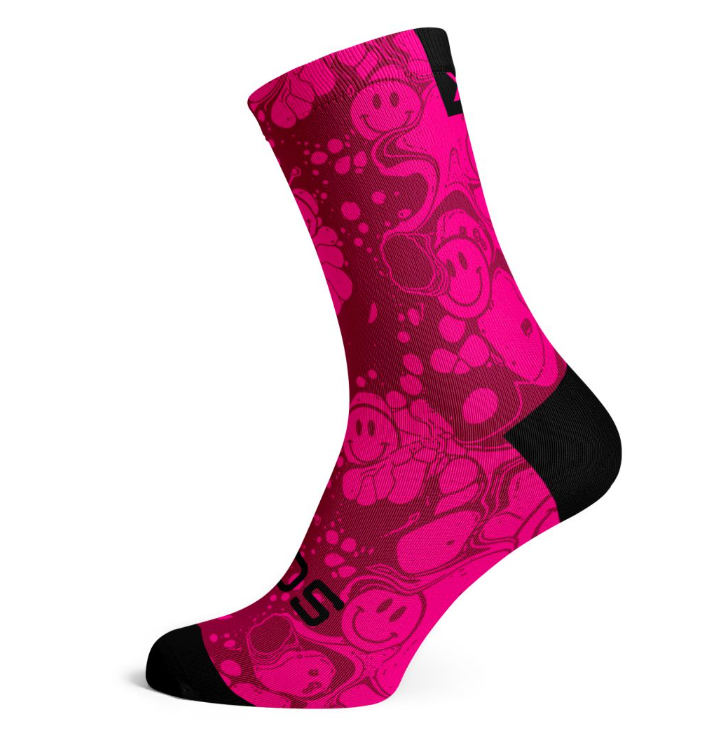 Neon pink crew socks with cartoon animal face pattern and black heel toe