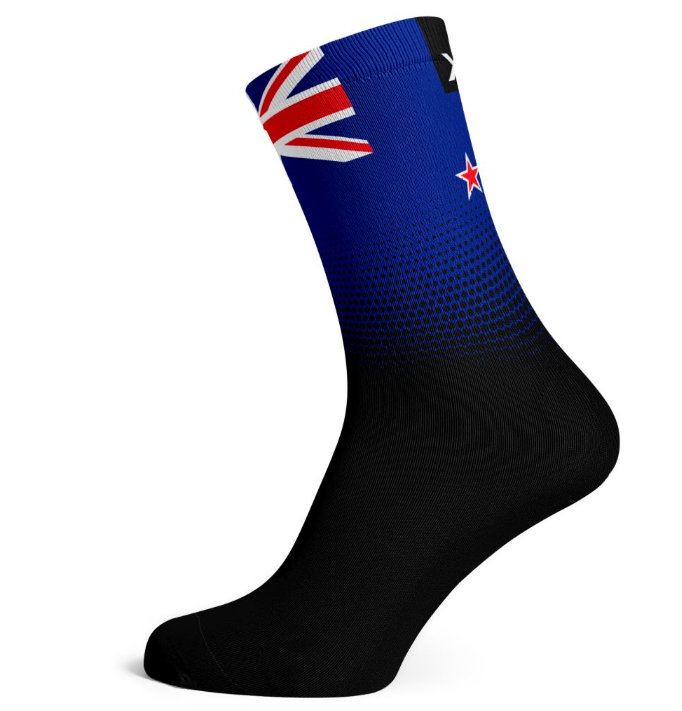 Black crew socks with blue top and New Zealand flag graphic at cuff