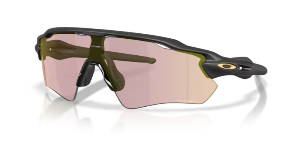 Oakley Radar EV Path sports sunglasses with a black frame and pink-tinted wraparound lenses