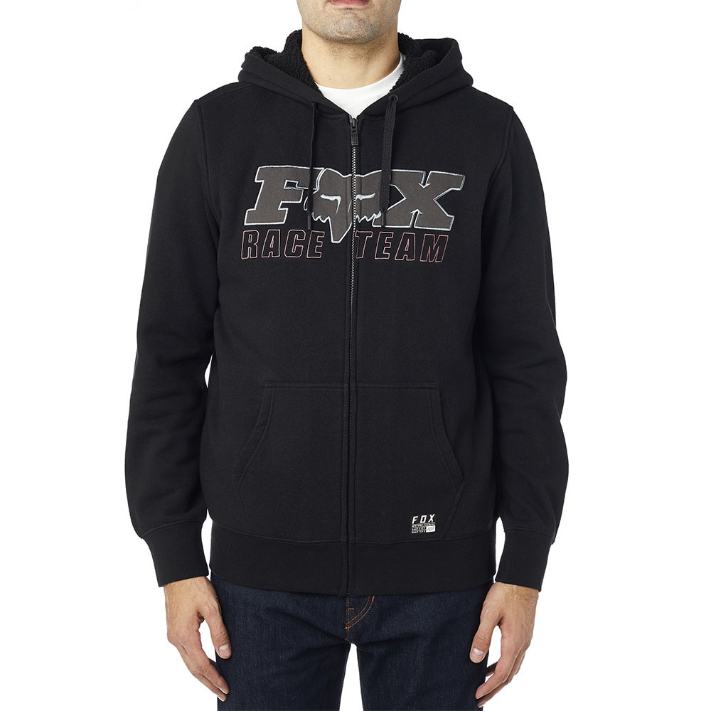 Black sherpa zip hoodie with Race Team graphic and FOX logo.