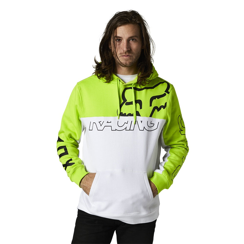 Lime green and white fleece pullover hoodie with front graphic and kangaroo pocket