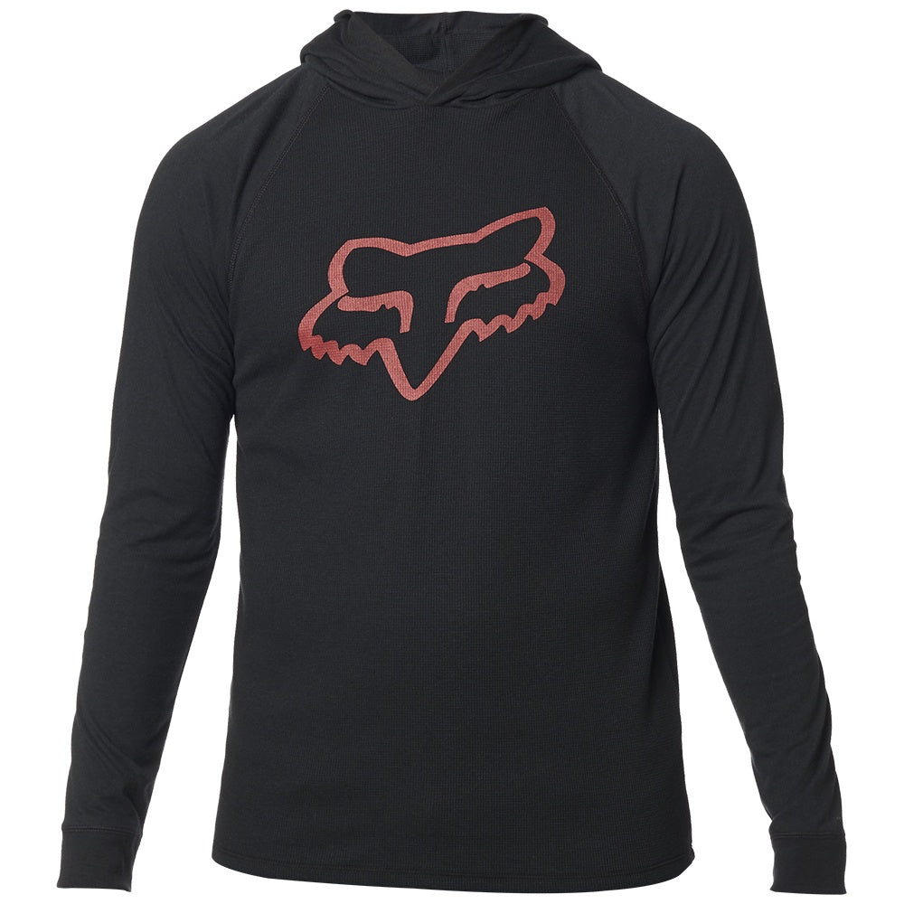 FOX hooded long-sleeve knit top in black with red logo at chest