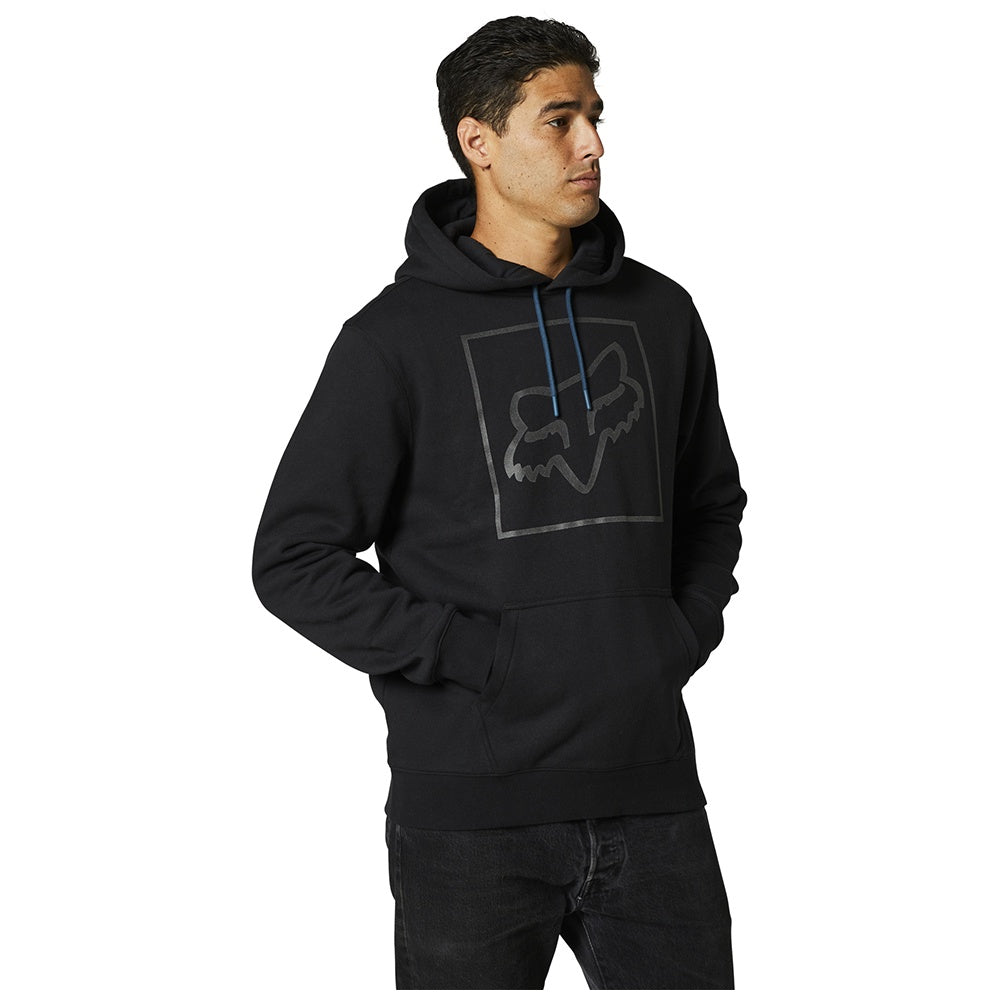 Black fleece pullover hoodie with hood, front pocket, and fox graphic print