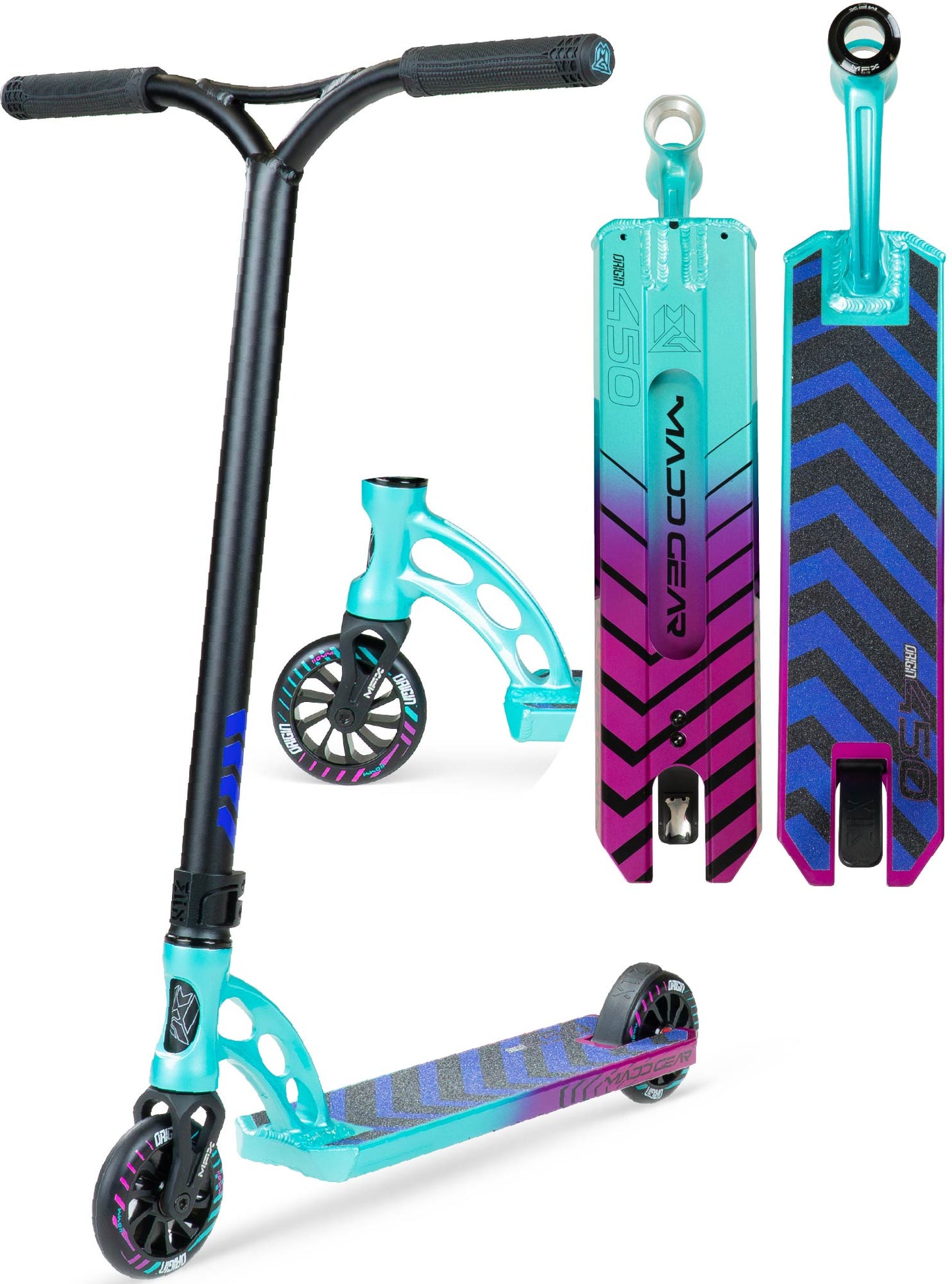 450 scooter with turquoise deck, black frame, and 3 wheels