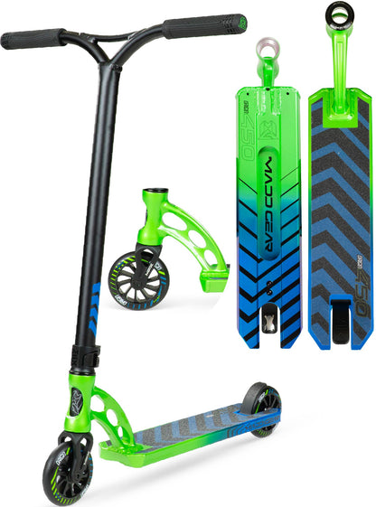450 scooter with neon green deck, black frame, and 3 wheels