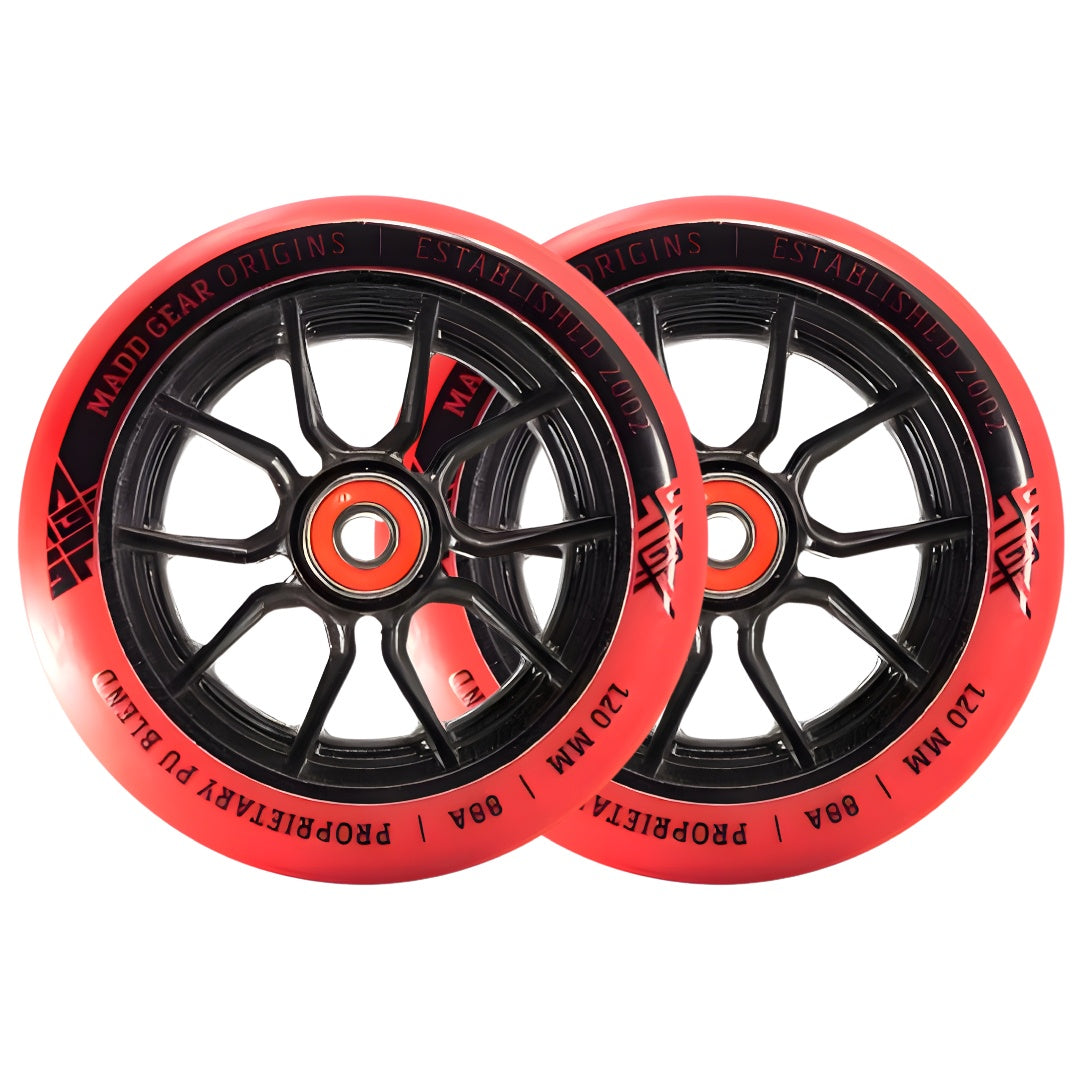 Pair of 120mm Syndicate AR wheels, red rims with black spokes and red hub accents