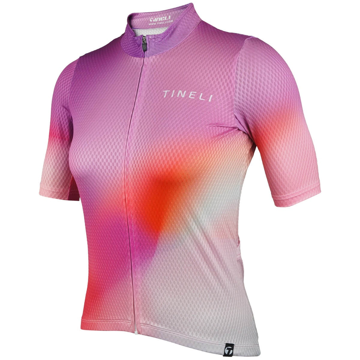 Women’s performance jersey with short sleeves, high neck zip front, pink-purple-orange gradient