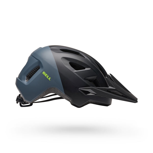 Youth bike helmet with MIPS, dark graphite and blue shell, front vents