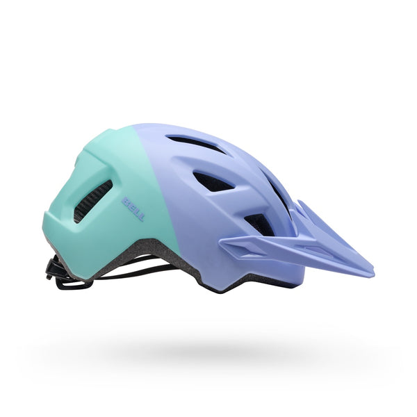 Youth bicycle helmet with teal and lavender shell, vented design