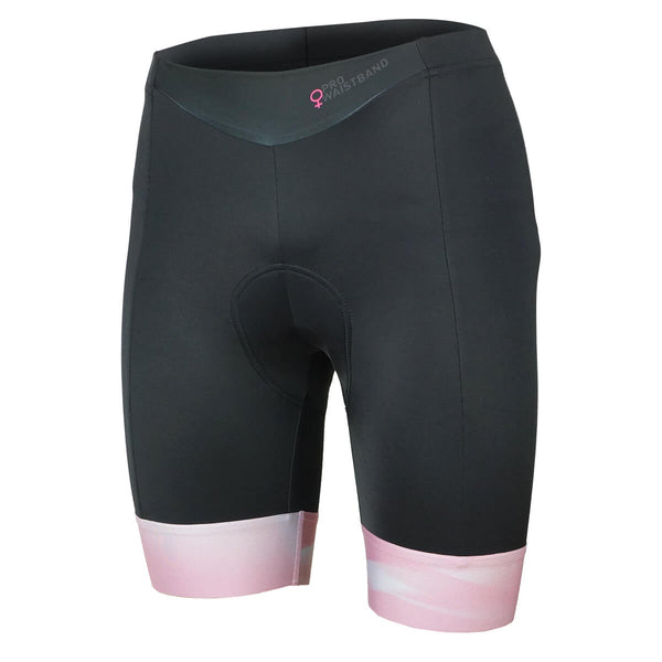 Women's dark cycling shorts with pink waistband and hem