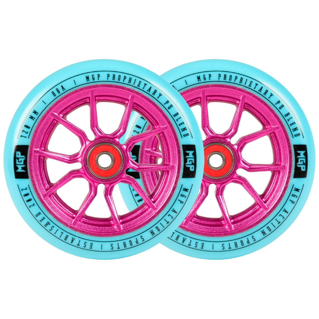 Pair of 120mm Syndicate AR wheels, pink spokes with teal rims and MGP center badges