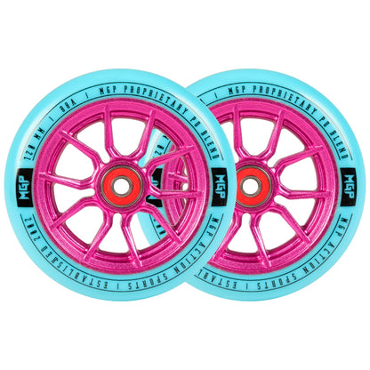 Pair of 120mm Syndicate AR wheels, pink spokes with teal rims and MGP center badges
