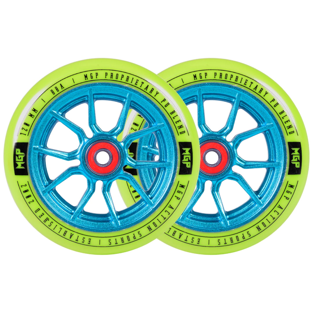 Pair of 120mm Syndicate AR wheels, blue spokes with neon green rims and red center rings