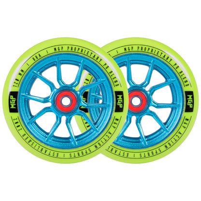 Pair of 120mm Syndicate AR wheels, blue spokes with neon green rims and red center rings
