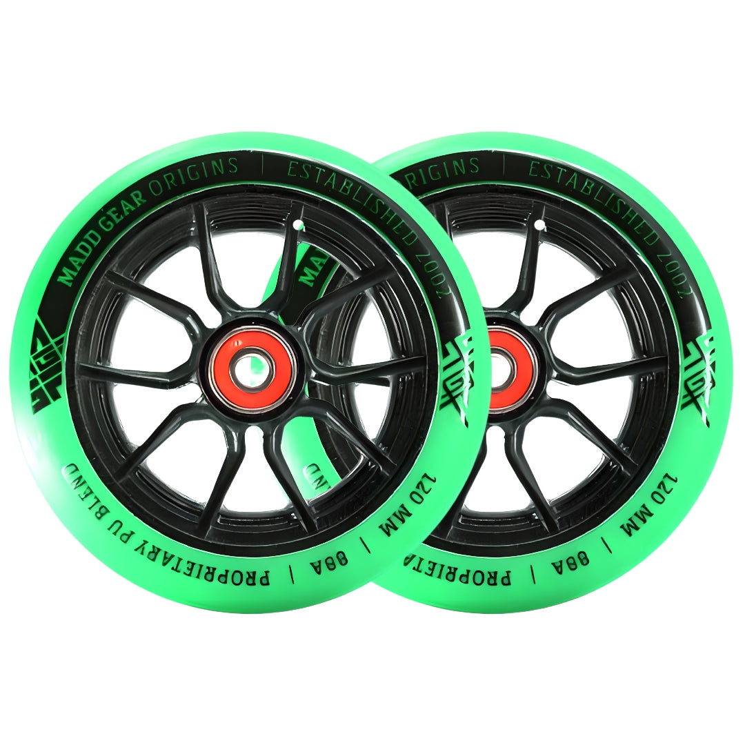 Pair of 120mm Syndicate AR wheels, black spokes with green rims and red hub accents