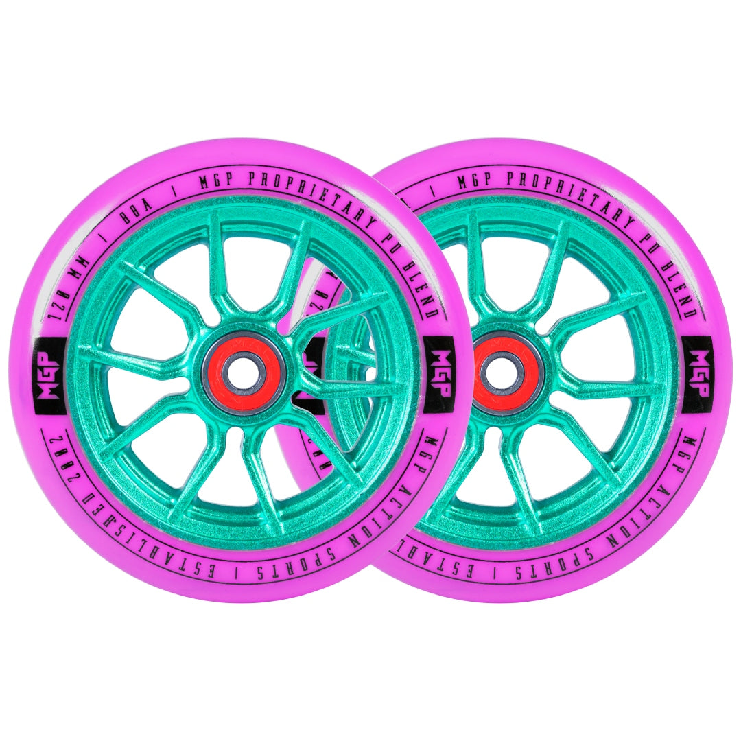 Pair of 120mm Syndicate AR wheels, turquoise spokes with pink rims and red center rings