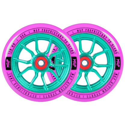 Pair of 120mm Syndicate AR wheels, turquoise spokes with pink rims and red center rings