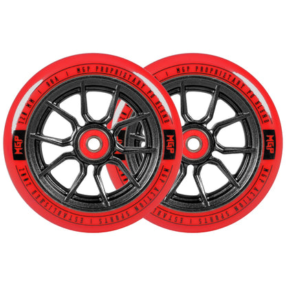 Pair of 120mm Syndicate AR wheels, black spokes with red rims and MGP center hubs